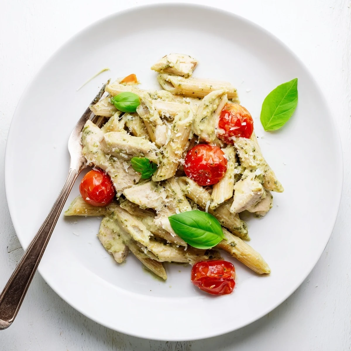 Creamy pesto chicken pasta tossed with tender chicken pieces in a rich basil parmesan sauce