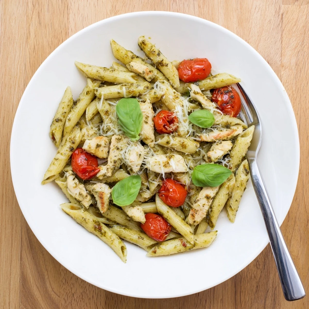 Golden brown chicken and al dente penne coated in smooth green pesto cream sauce