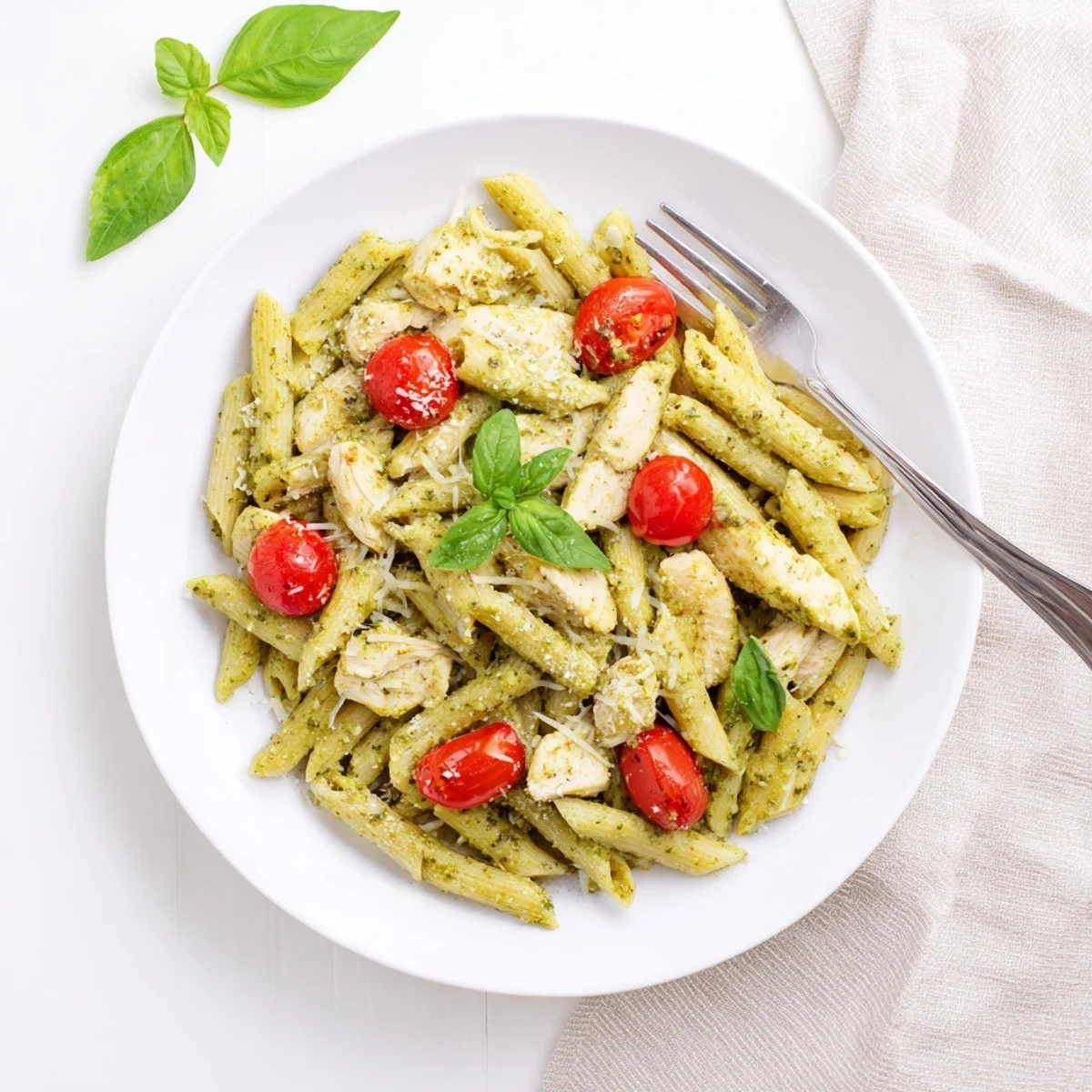 Steaming bowl of creamy pesto chicken pasta garnished with fresh basil and parmesan cheese
