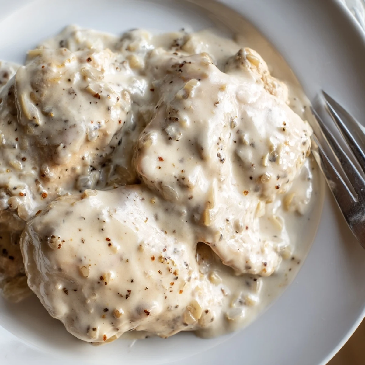 Tender slow cooker chicken thighs plated with velvety smooth gravy and fresh herbs