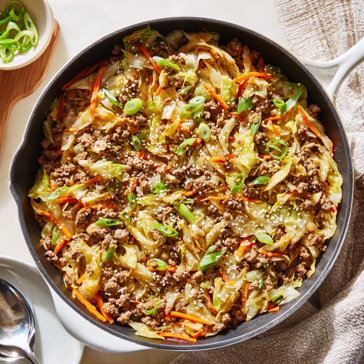 Golden brown ground pork with crisp cabbage and carrots in Egg Roll in a Bowl