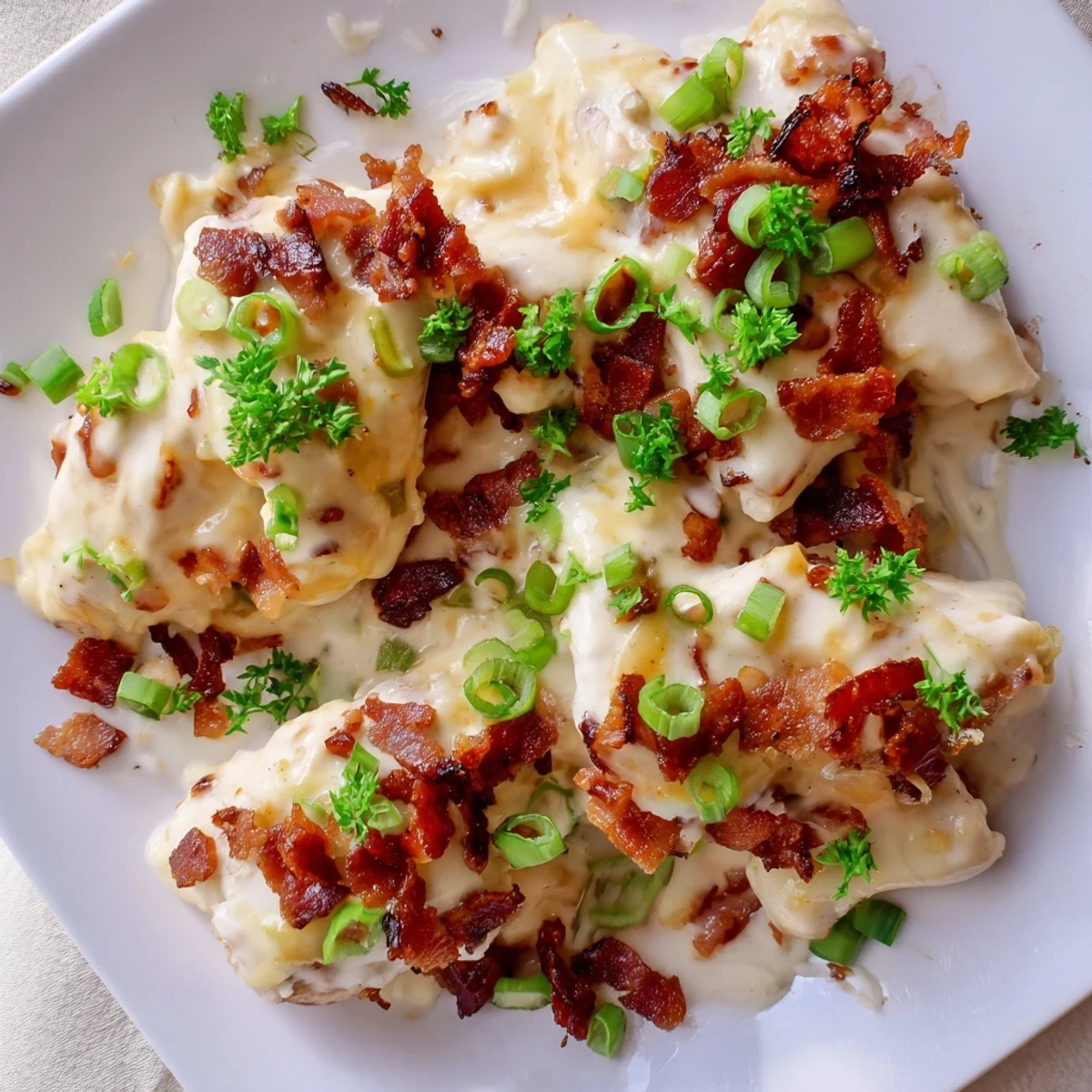Creamy Crockpot Million Dollar Chicken topped with crispy bacon crumbles and fresh herbs in slow cooker