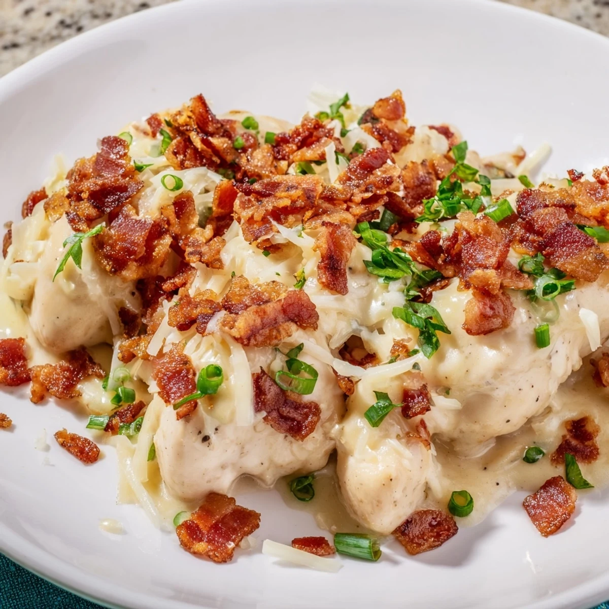 Tender slow cooked chicken breasts smothered in rich mozzarella Parmesan cream sauce with bacon garnish