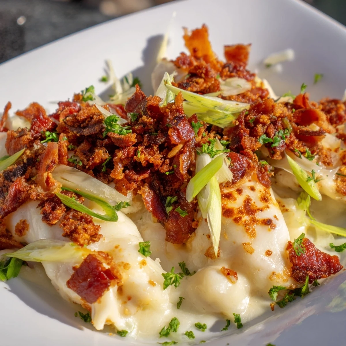 Golden cheese glazed Million Dollar Chicken dish served with crispy bacon and parsley garnish on rustic table