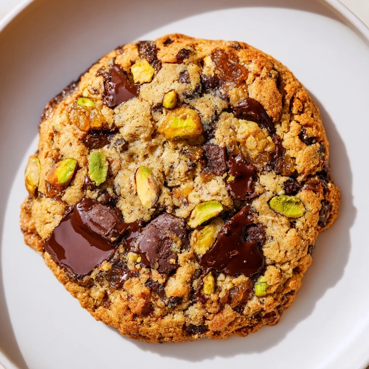 Golden brown Dubai chewy cookie studded with chopped pistachios and sweet dates on a white plate