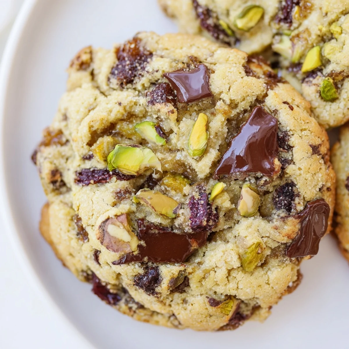 Close up of Dubai chewy cookie featuring green pistachios and gooey chocolate chips on rustic surface