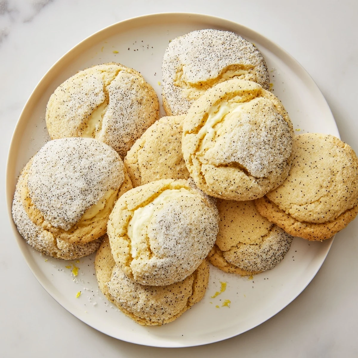 Soft golden lemon poppy seed cheesecake cookies with creamy center and poppy seed coating