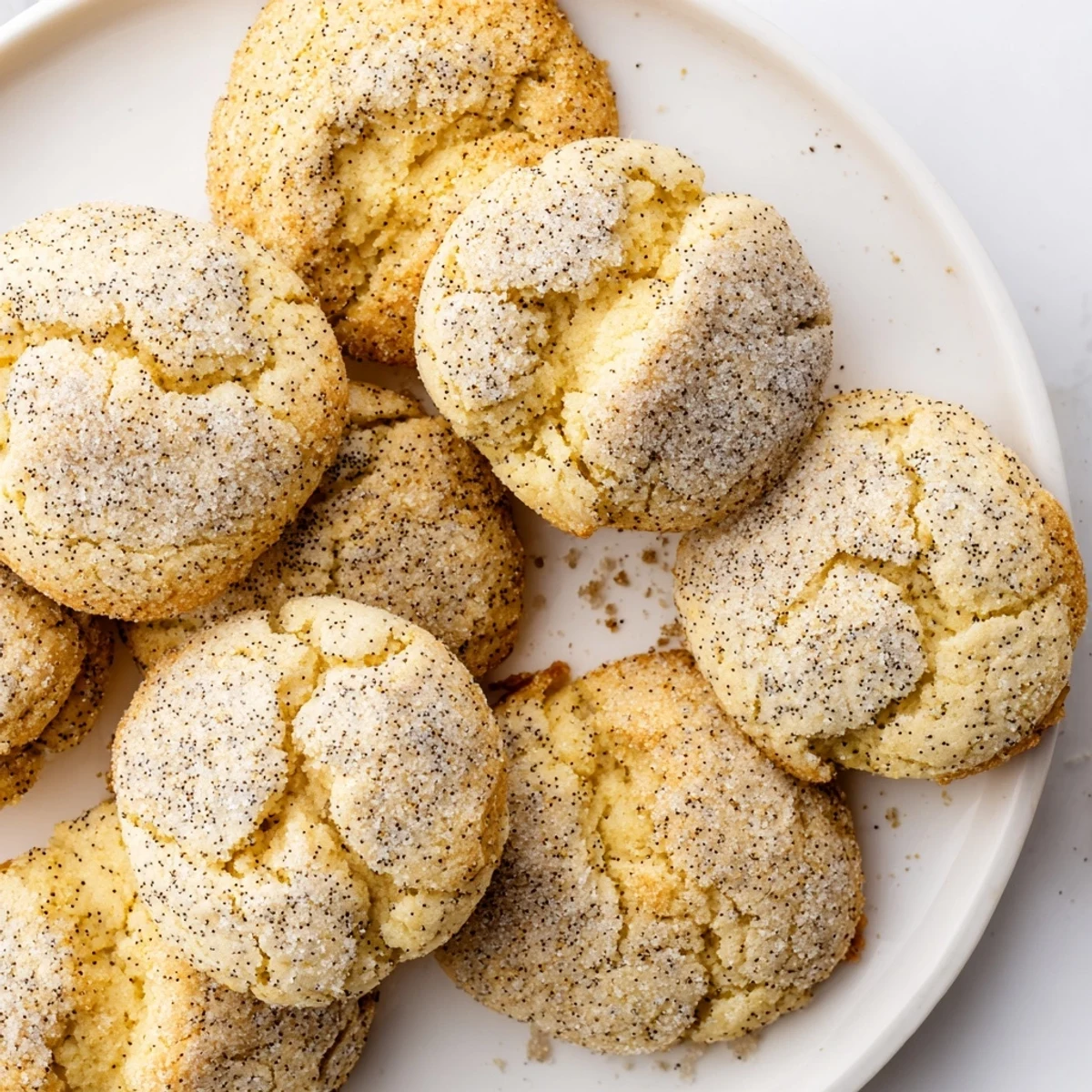 Freshly baked lemon poppy seed cheesecake cookies featuring tangy filling and sugar-crusted edges