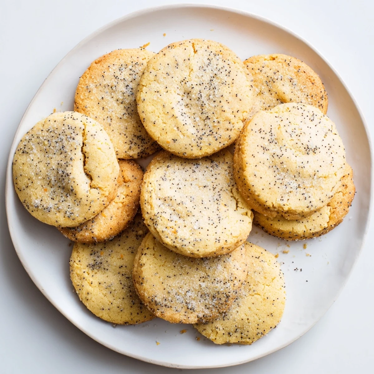 Two soft lemon poppy seed cheesecake cookies stacked with visible creamy cheesecake center