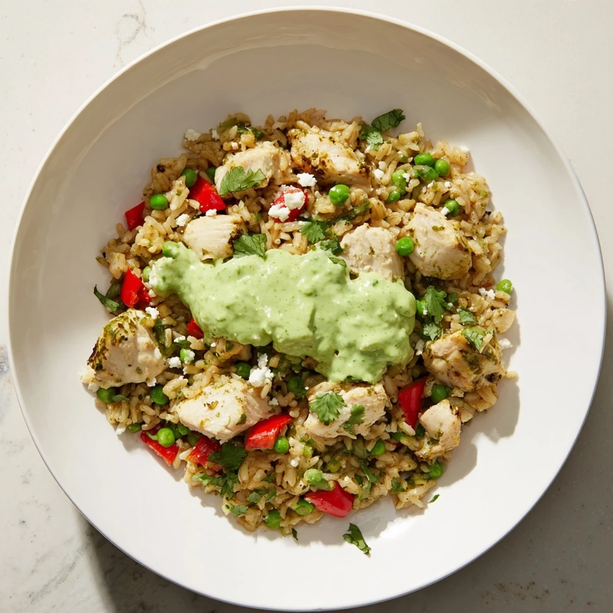 Steaming bowl of Peruvian chicken rice featuring tender chicken thighs, fluffy rice, and zesty herbaceous aji verde