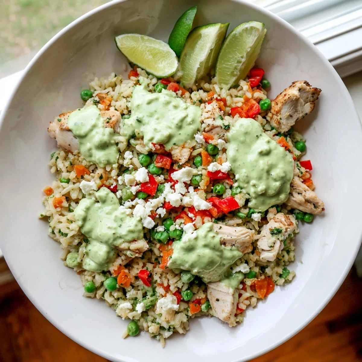 Golden Peruvian chicken rice drizzled with vibrant green sauce, garnished with fresh cilantro and lime wedges