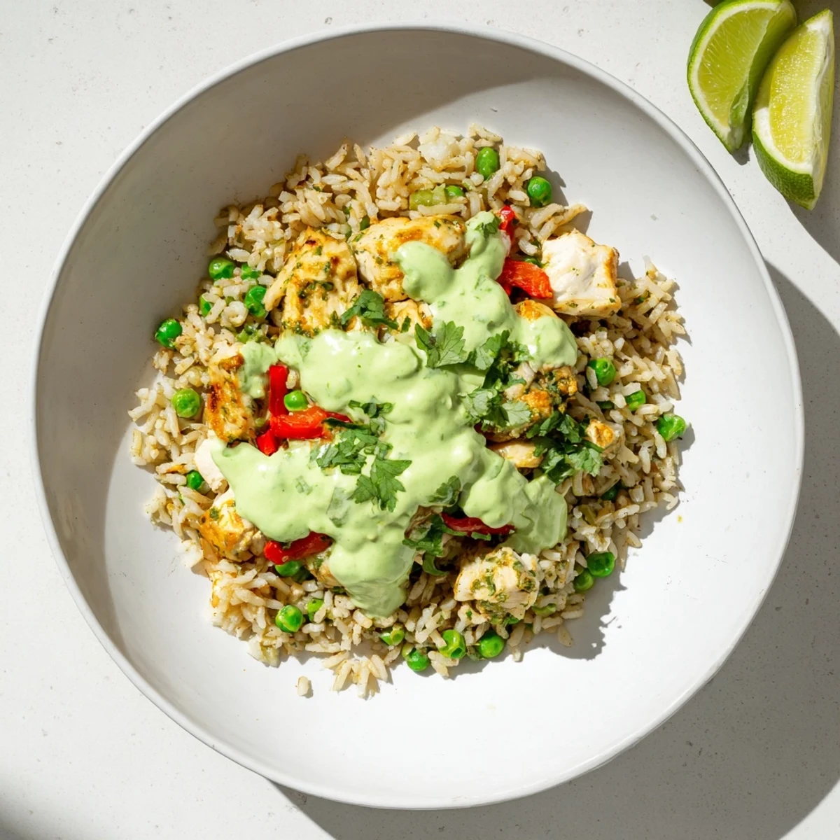 Comforting Peruvian chicken rice plated with creamy green sauce, red bell peppers, green peas, and fresh lime