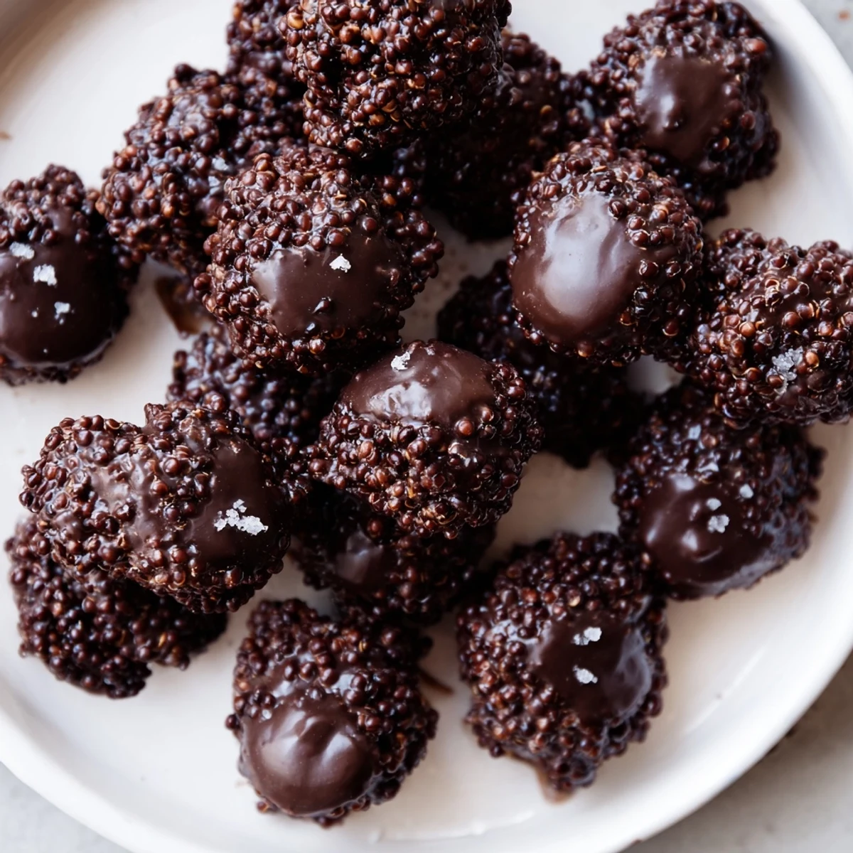 Golden dark chocolate quinoa crisps sprinkled with sea salt on a white plate.