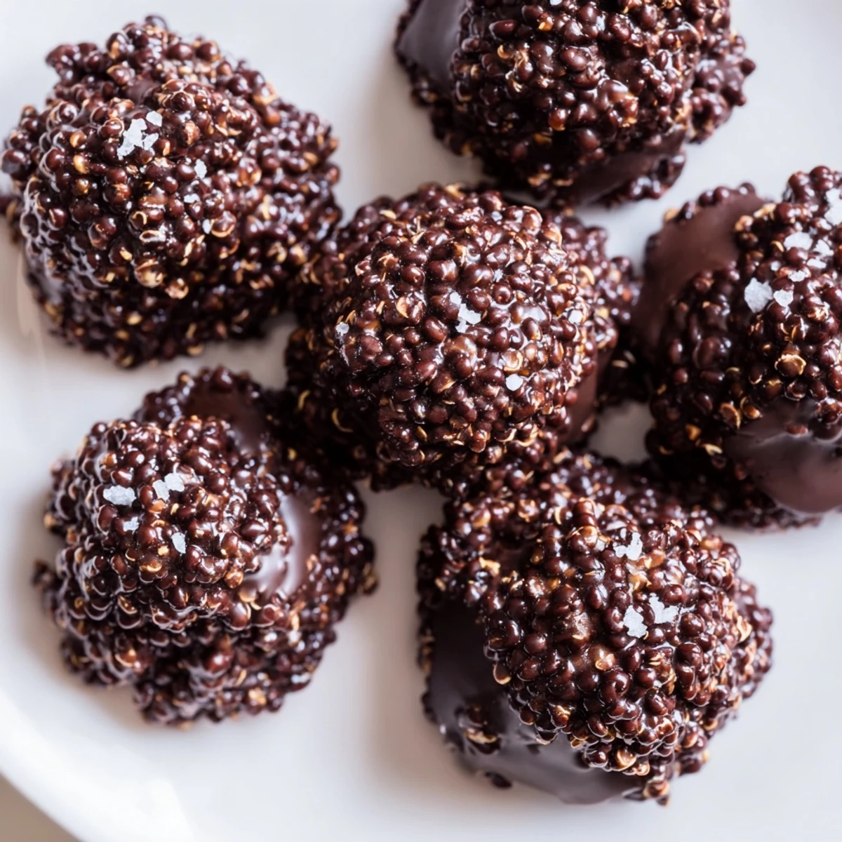 Bite-sized gluten-free chocolate quinoa crisps arranged on rustic wooden board for serving.