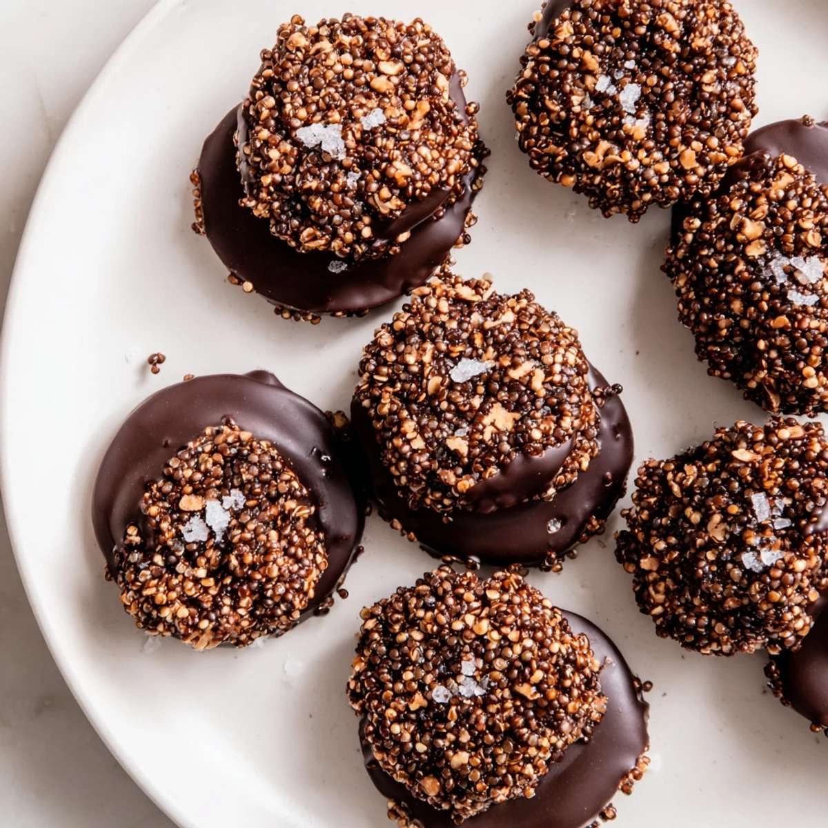 Rich dark chocolate clusters with crunchy toasted quinoa piled on marble surface.