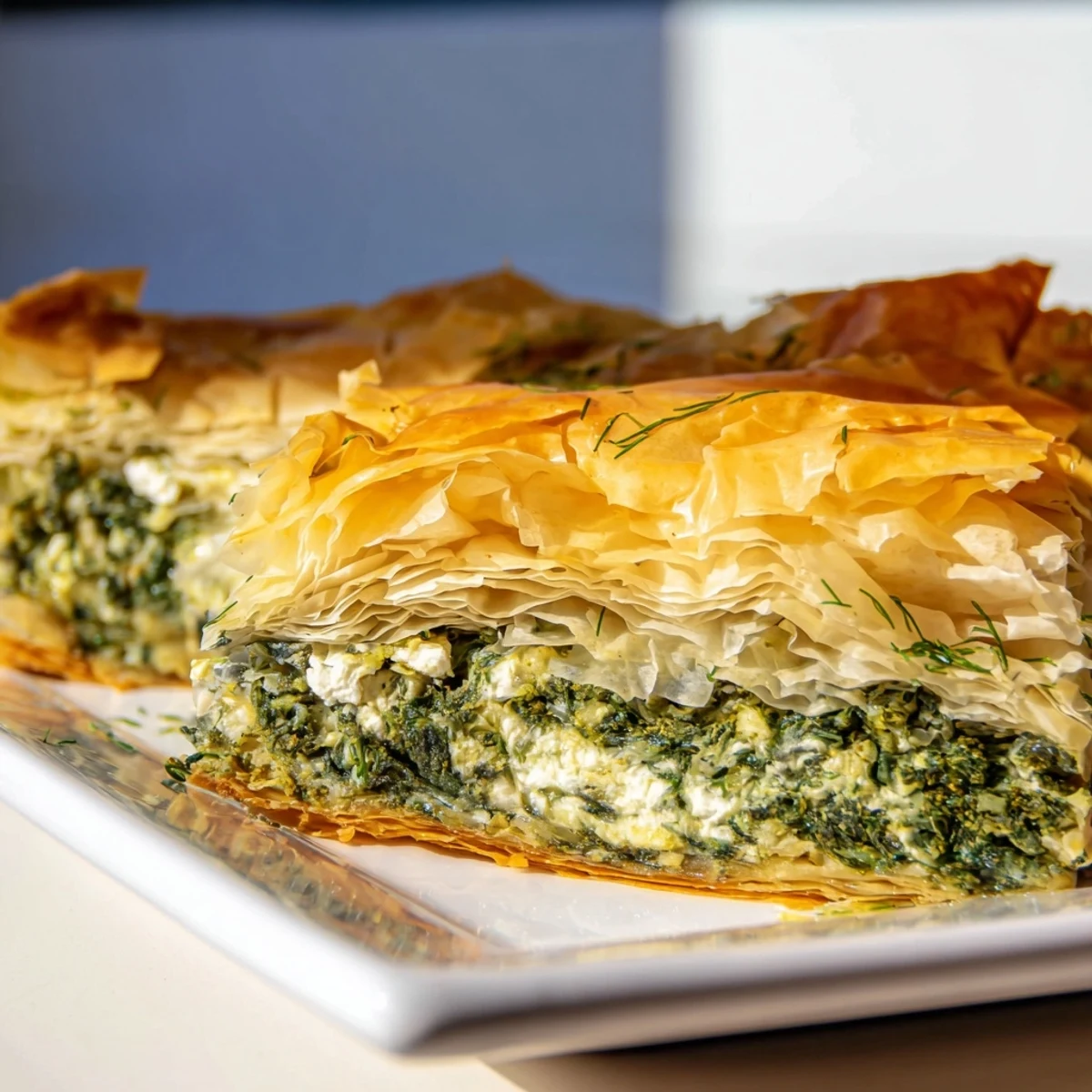 Golden authentic Greek spanakopita with flaky phyllo layers and spinach feta filling