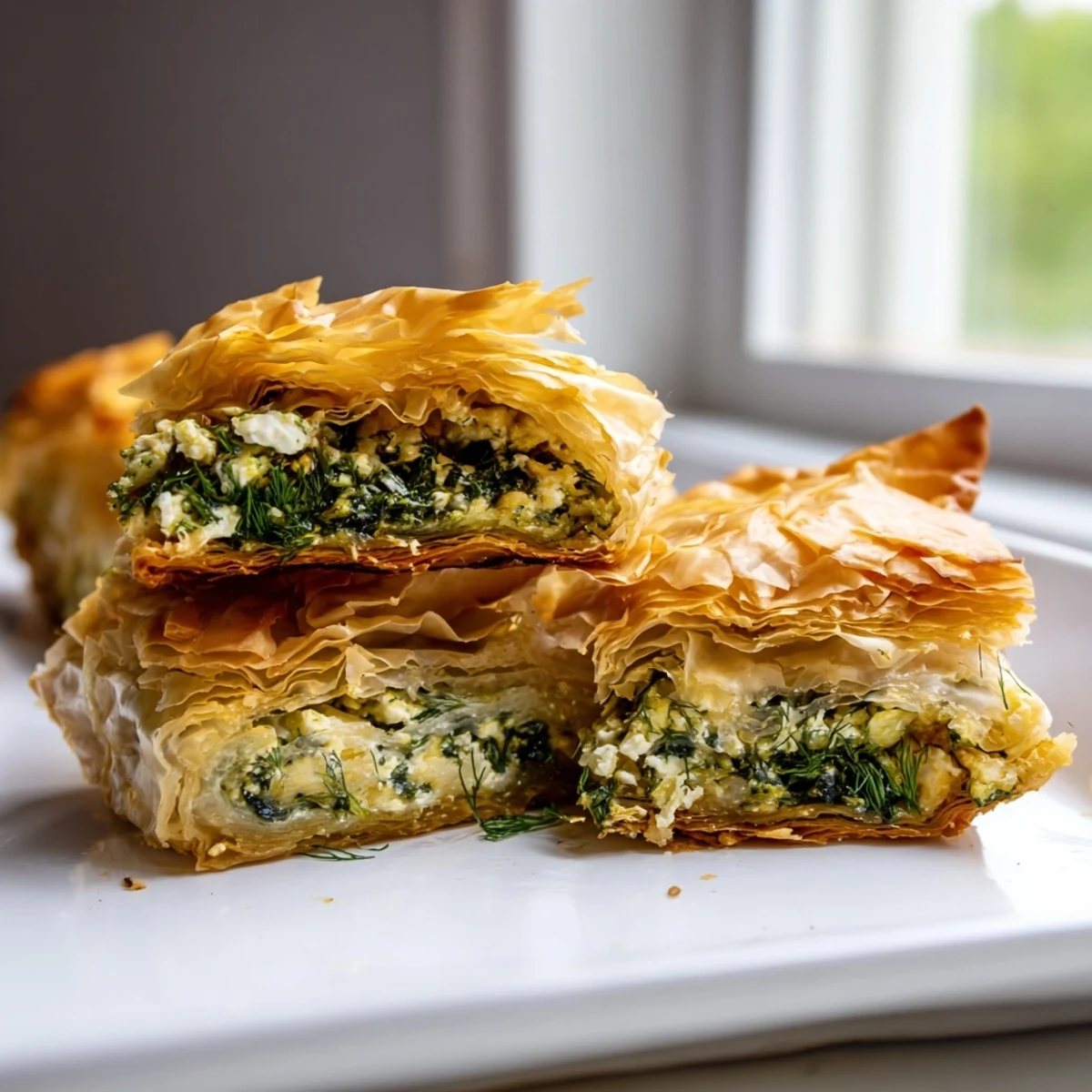 Crispy baked authentic Greek spanakopita sliced into squares showing buttery pastry layers