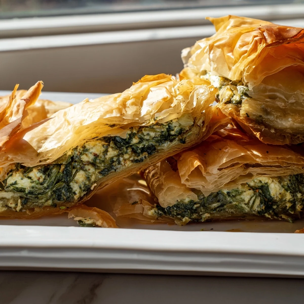 Authentic Greek spanakopita pie featuring golden phyllo crust stuffed with savory spinach cheese mixture