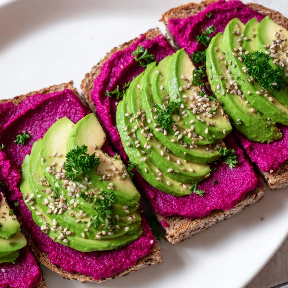 Golden brown toast layered with vibrant pink beet hummus and creamy green avocado slices