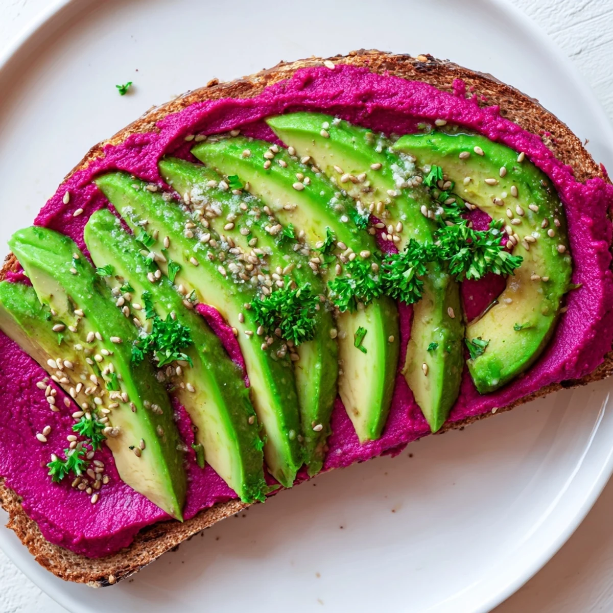 Vibrant Mediterranean breakfast toast featuring smooth beet chickpea spread topped with ripe avocado