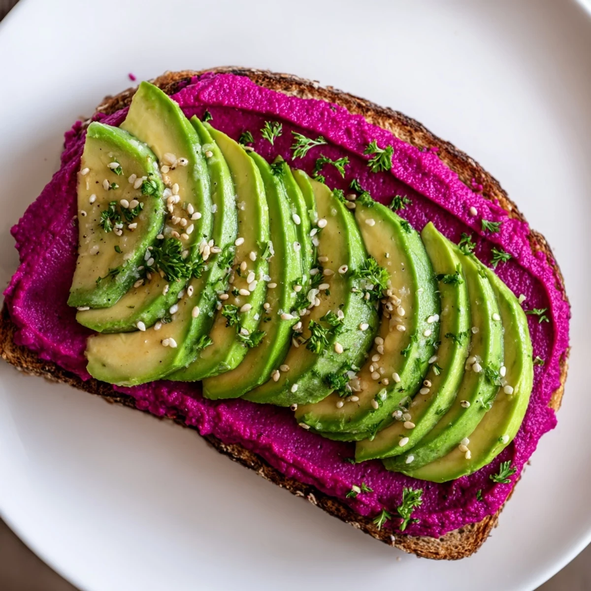 Open-faced avocado beet hummus toast garnished with fresh parsley and toasted sesame seeds