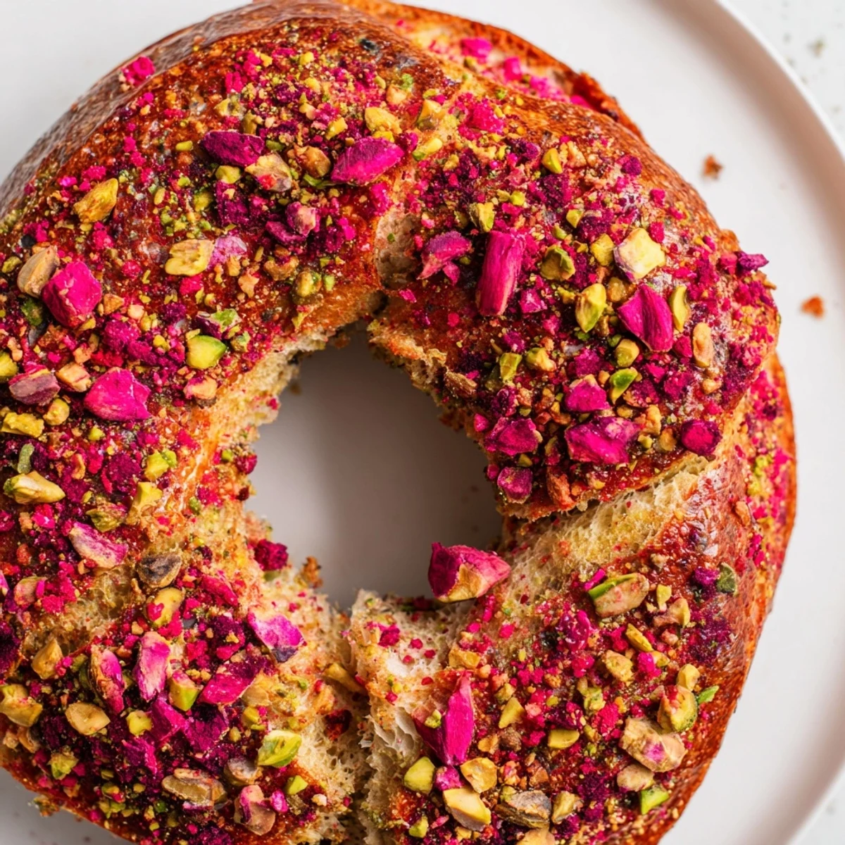 Freshly baked raspberry pistachio sourdough bagels topped with chopped nuts and colorful raspberry pieces