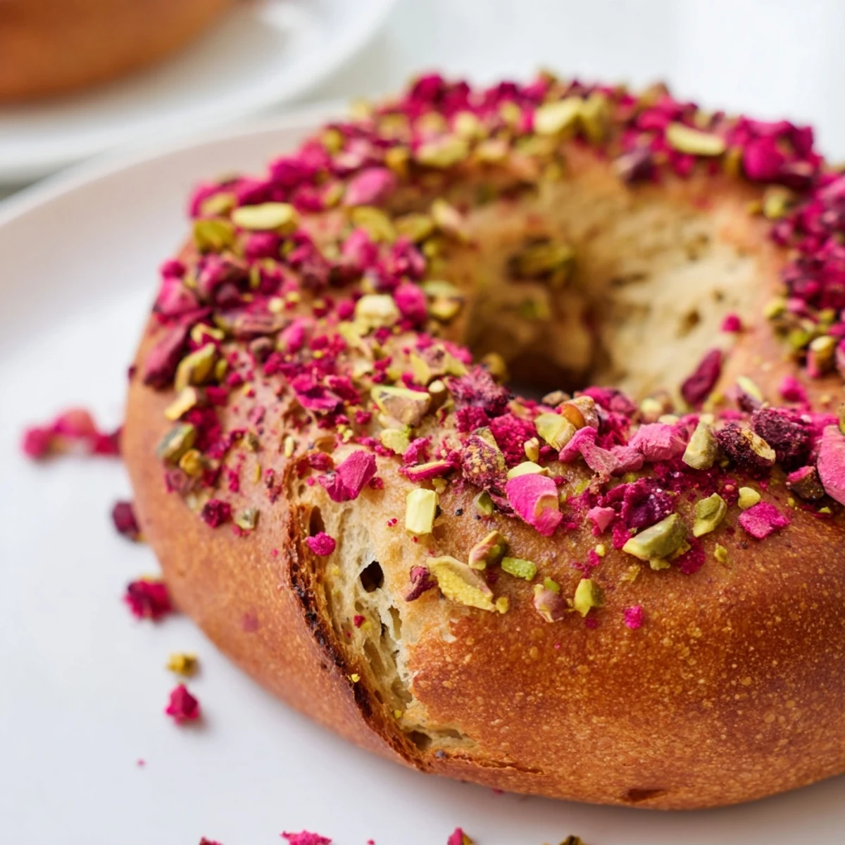 Golden brown sourdough bagels speckled with bright red raspberries and green crunchy pistachios