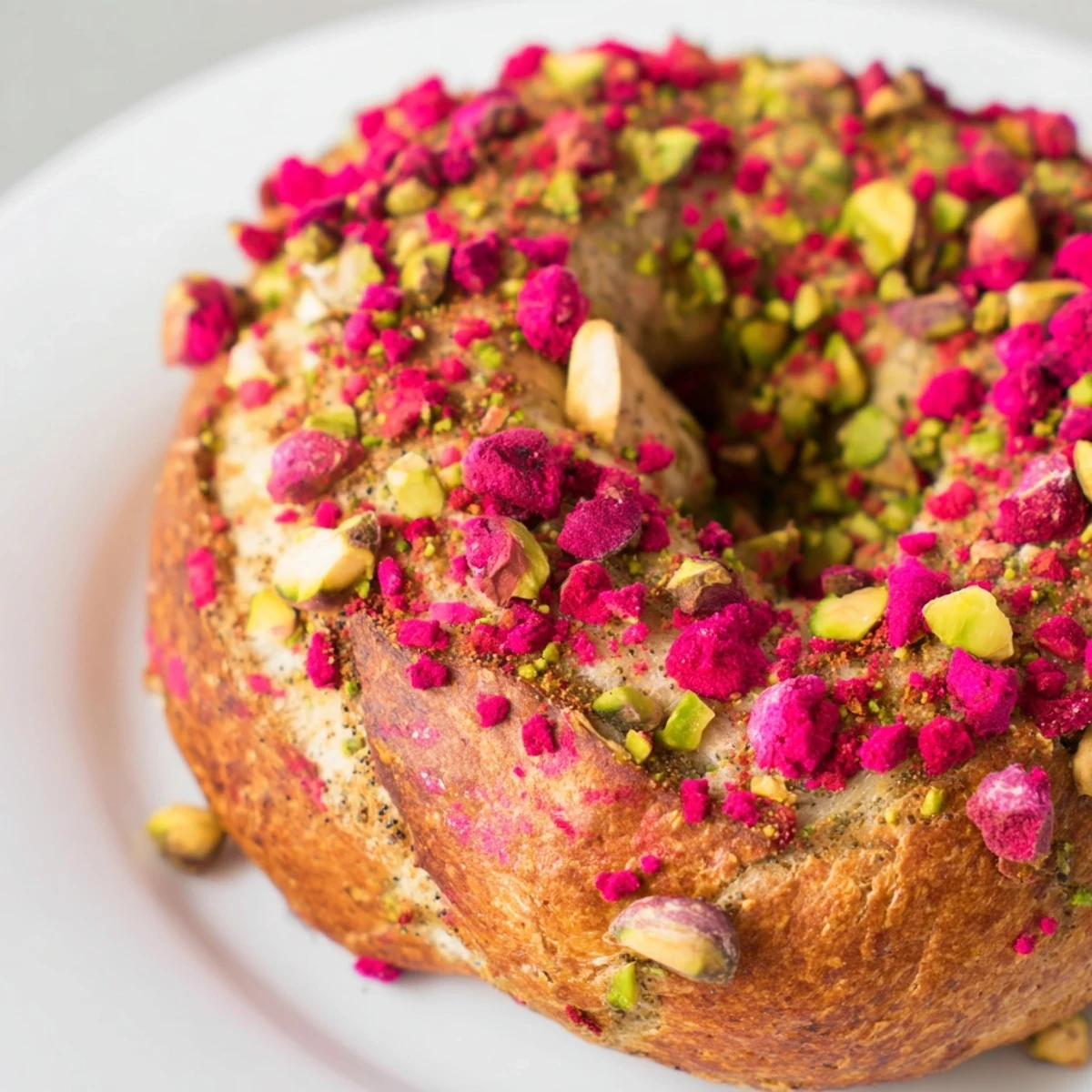 Homemade raspberry pistachio sourdough bagels stacked on a wire rack after baking until golden