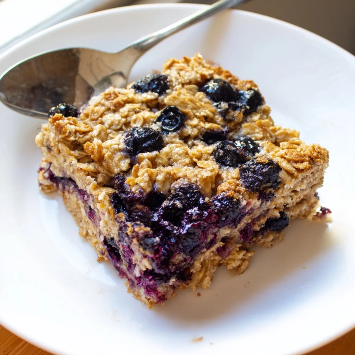 Golden lemon blueberry baked oatmeal with juicy berries bursting throughout tender oats