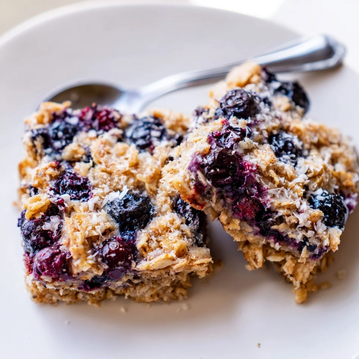 Warm baked oatmeal squares topped with fresh blueberries and zesty lemon garnish