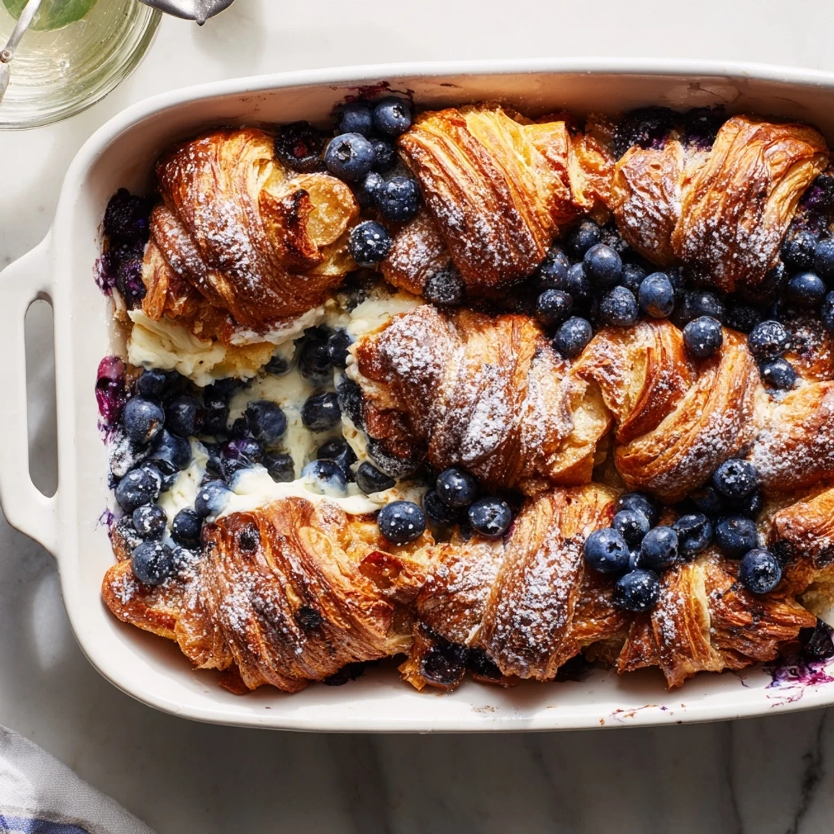 Golden blueberry cream cheese croissant casserole with bubbling fruit and creamy layers