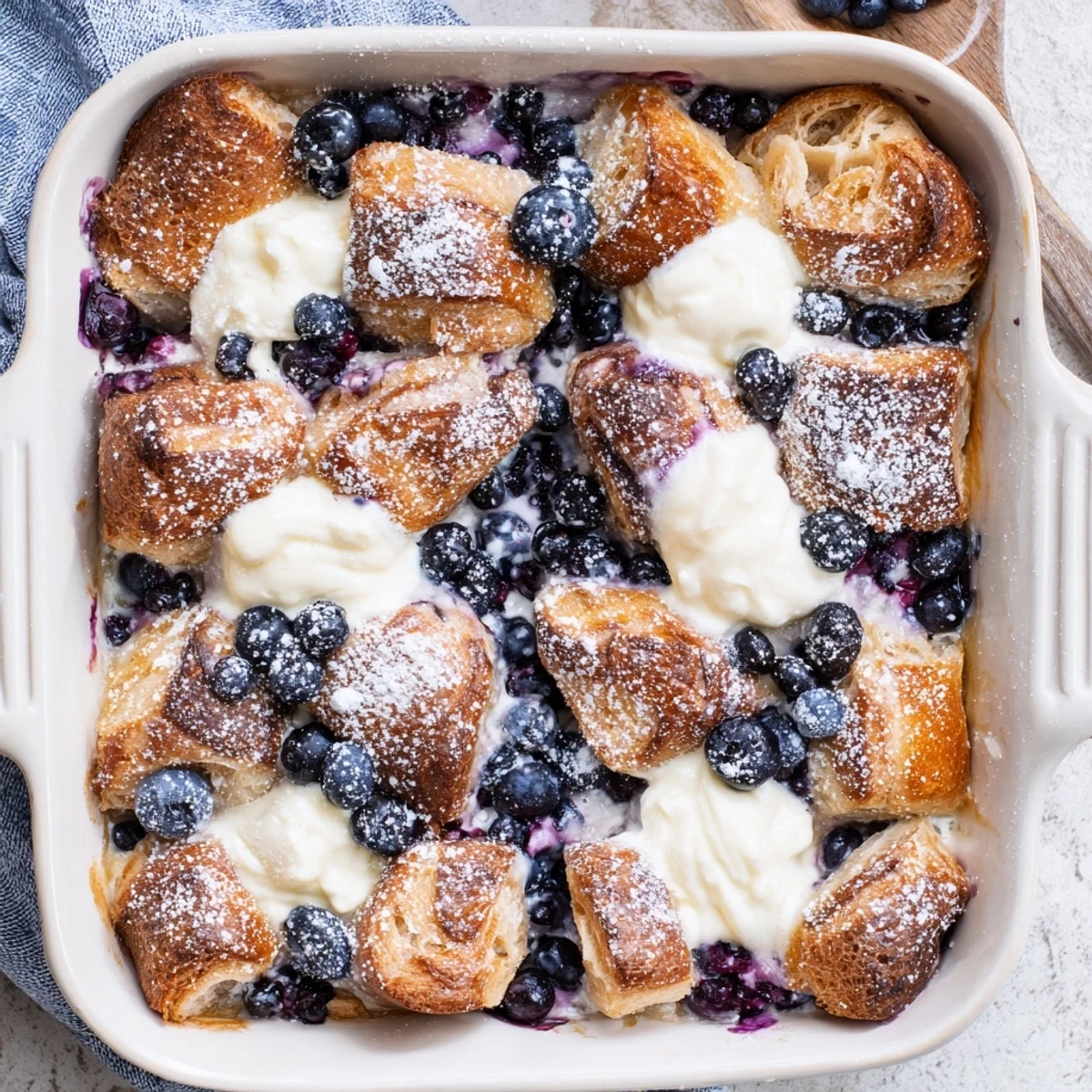 Breakfast casserole featuring buttery croissants dotted with juicy blueberries and rich cream cheese