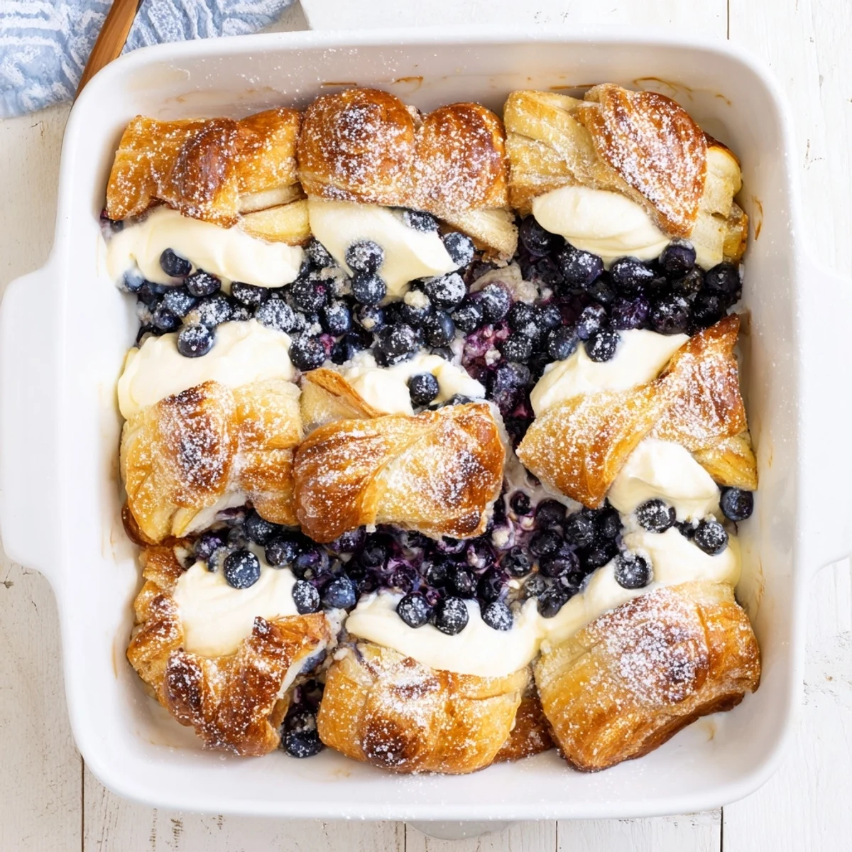 Sliced croissants baked with sweet blueberries and tangy cream cheese until golden brown