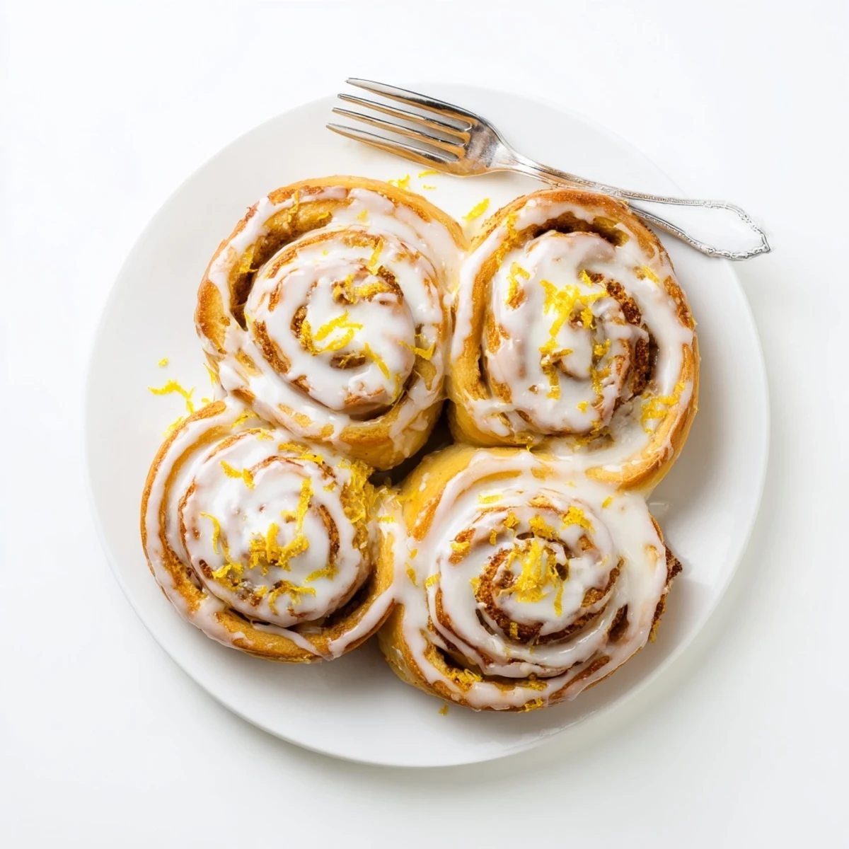 Soft sweet lemon rolls with spiral filling and zest garnish on a rustic wooden board