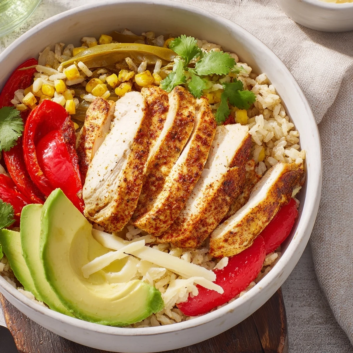 Colorful Southwest spice green chile bowl topped with tender chicken avocado and fresh cilantro