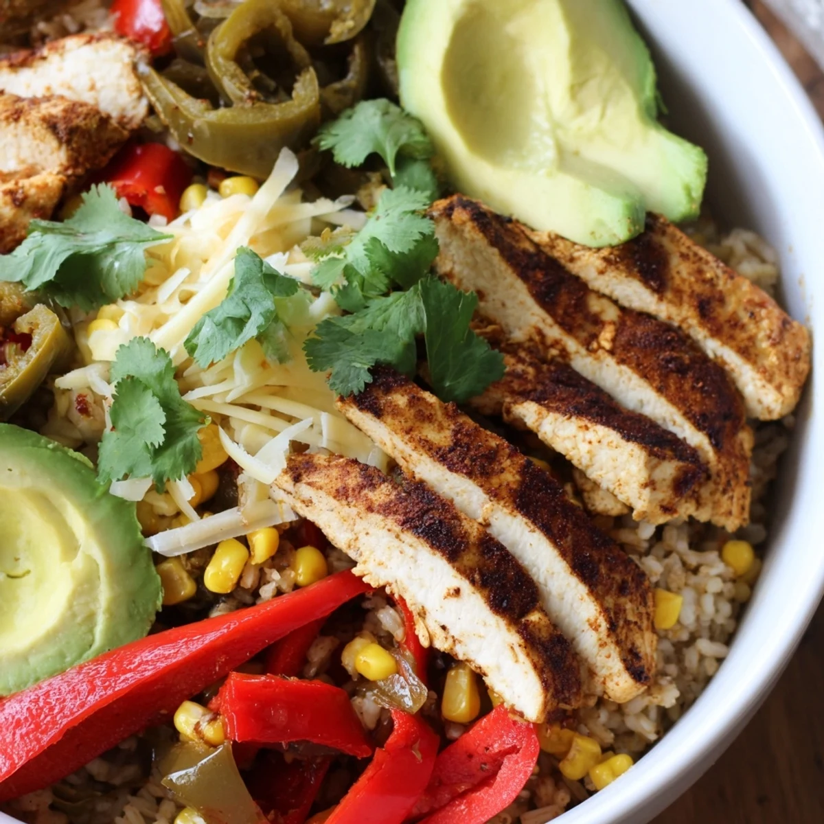 Hearty Southwestern green chile bowl featuring roasted chiles spiced chicken over fluffy brown rice