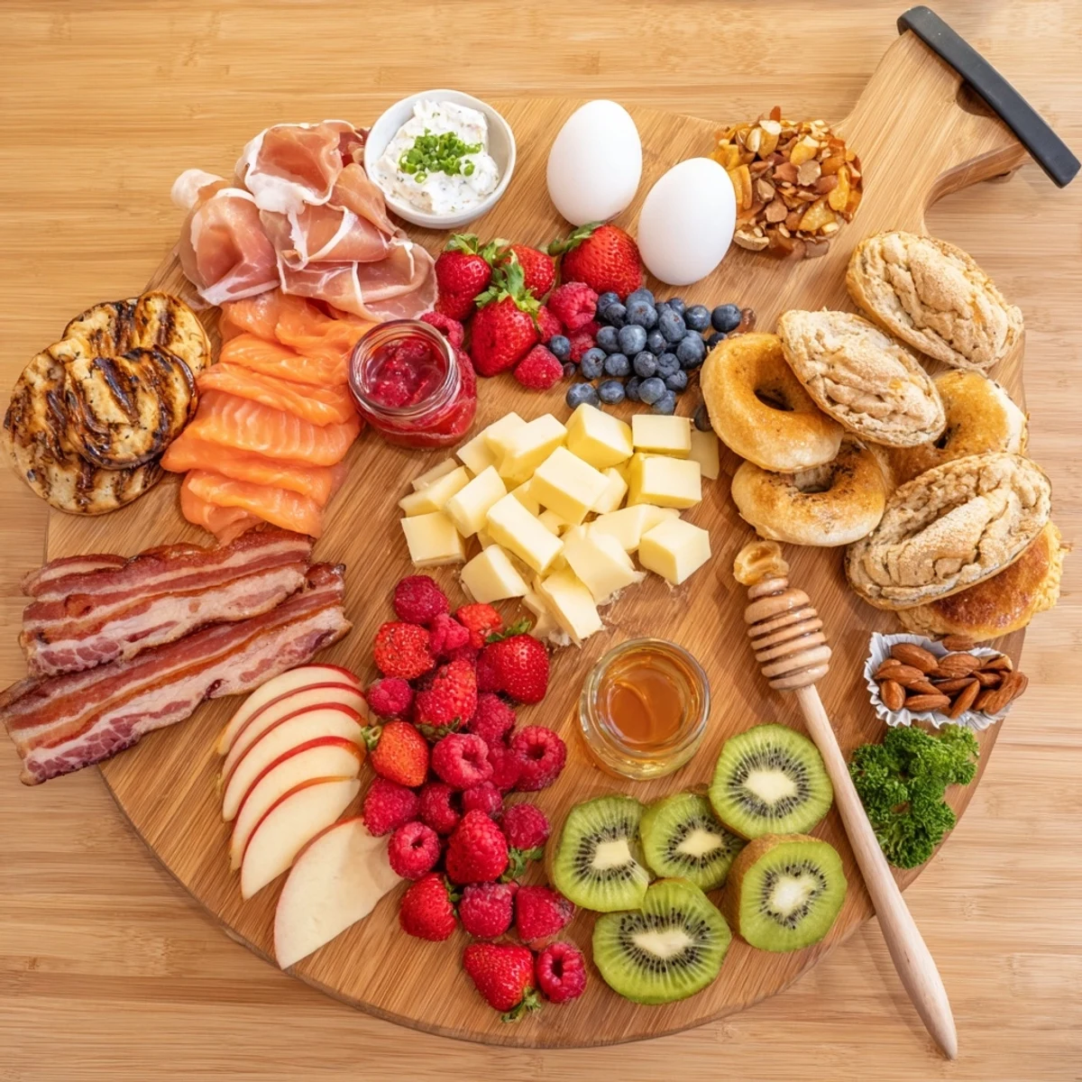 Colorful breakfast charcuterie board arranged with prosciutto, cheeses, fresh berries, and pastries on a wooden platter