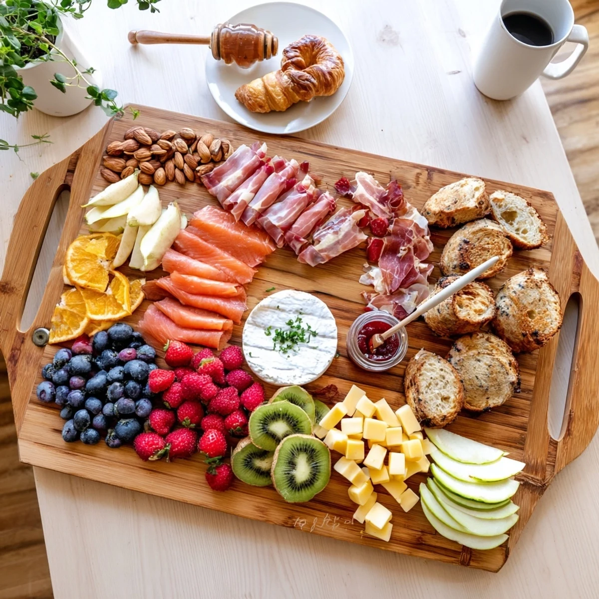 Rustic breakfast charcuterie board featuring smoked salmon, croissants, sliced fruits, and honey for a weekend brunch spread