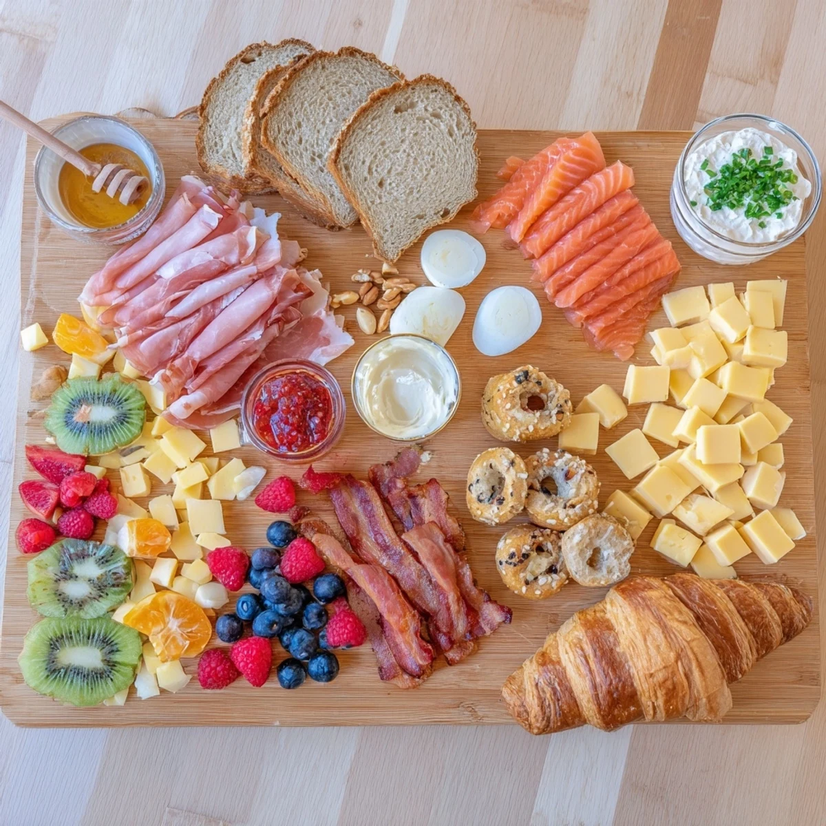 Elegant breakfast charcuterie board displaying bacon, brie, boiled eggs, and mixed fruits on a large serving tray