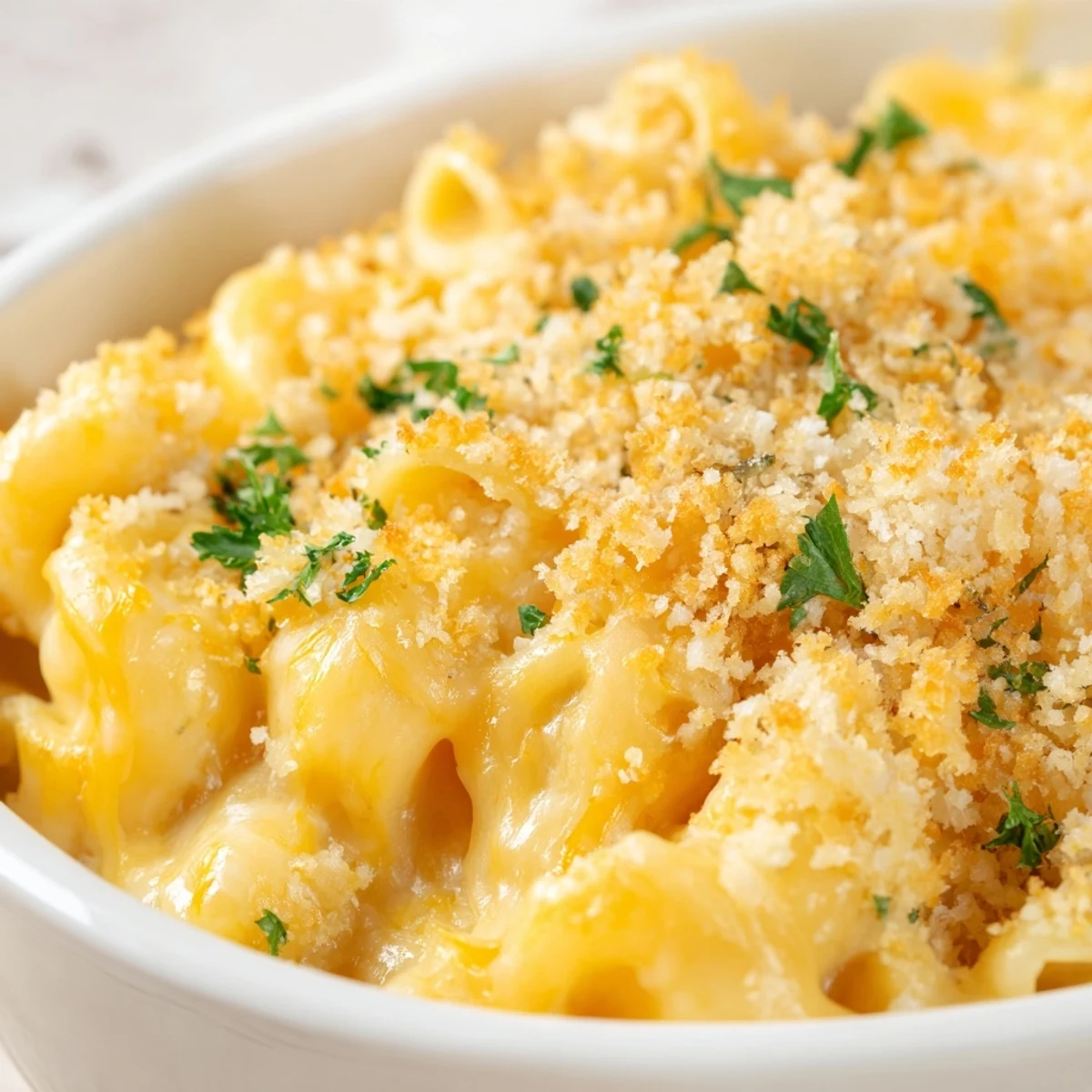 Golden bubbling three cheese baked macaroni with crispy panko topping fresh from oven