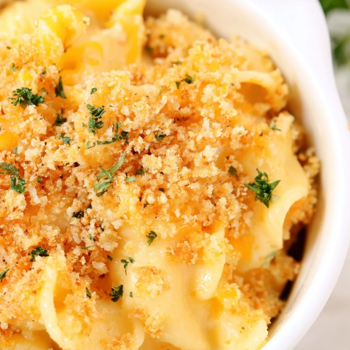 Creamy three cheese baked macaroni served steaming in white ceramic baking dish