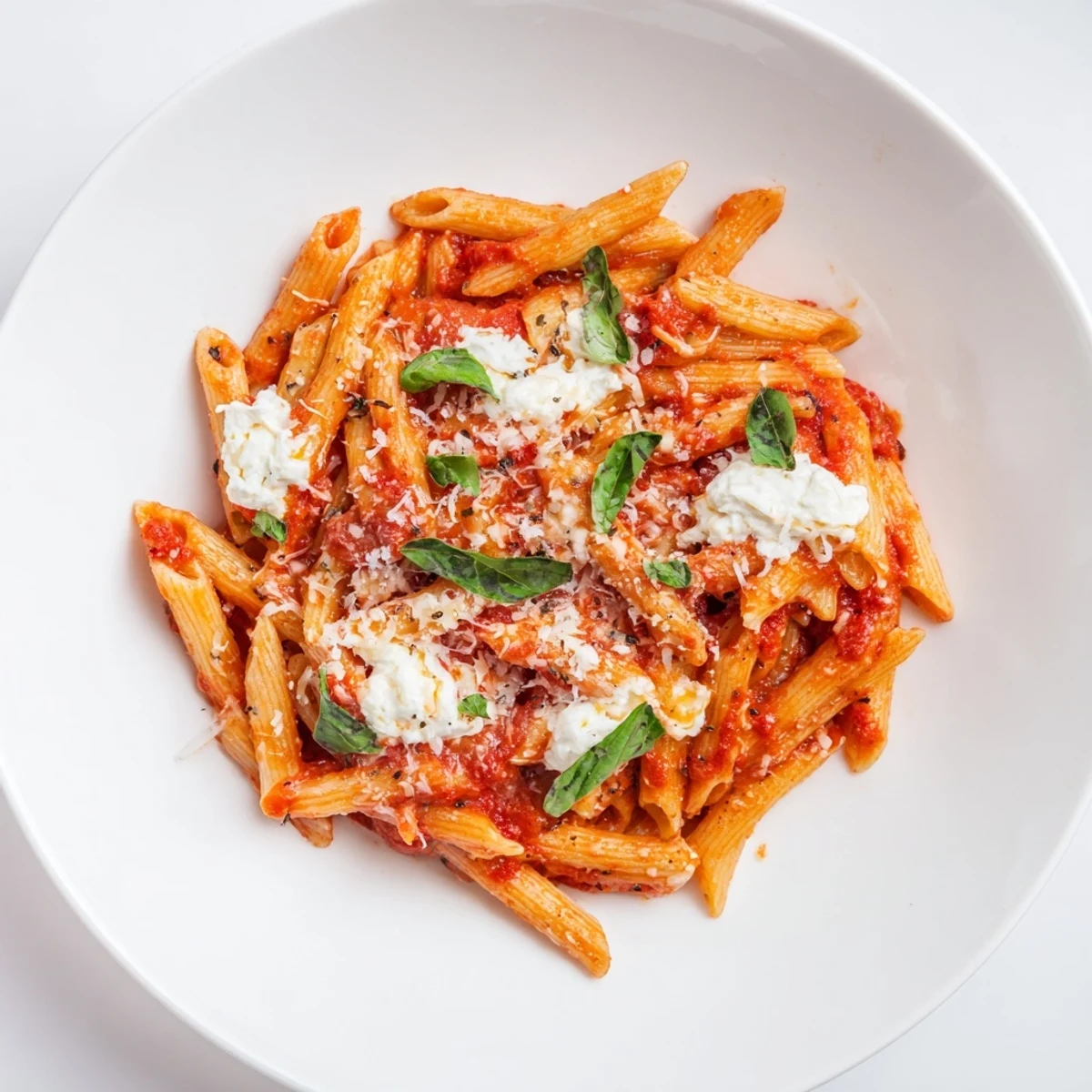 Creamy tomato garlic ricotta penne topped with fresh basil and Parmesan cheese