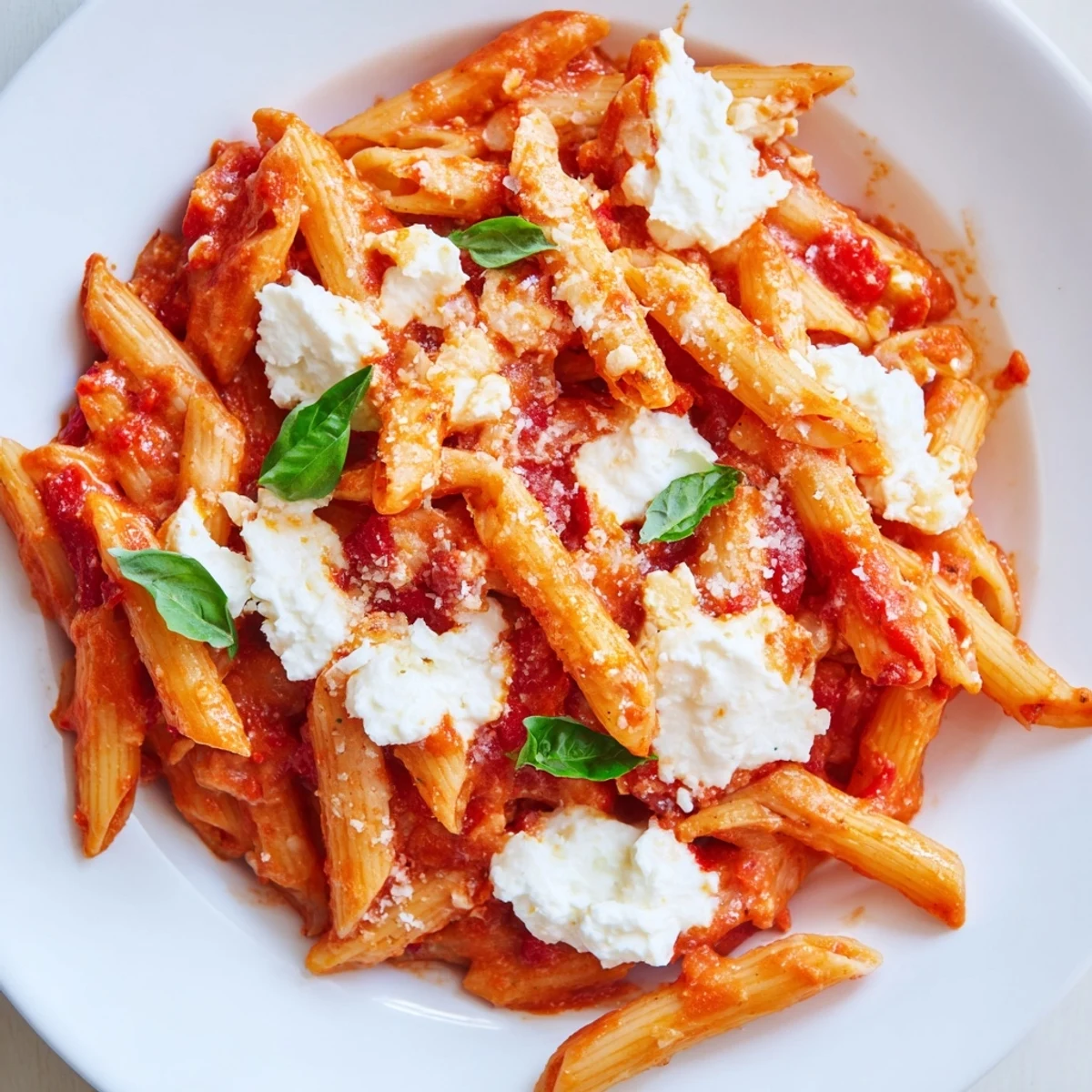 Tomato garlic ricotta penne in vibrant red sauce with pillowy cheese dollops