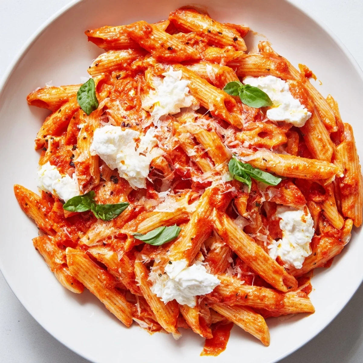 Steaming bowl of tomato garlic ricotta penne garnished with fragrant torn basil leaves