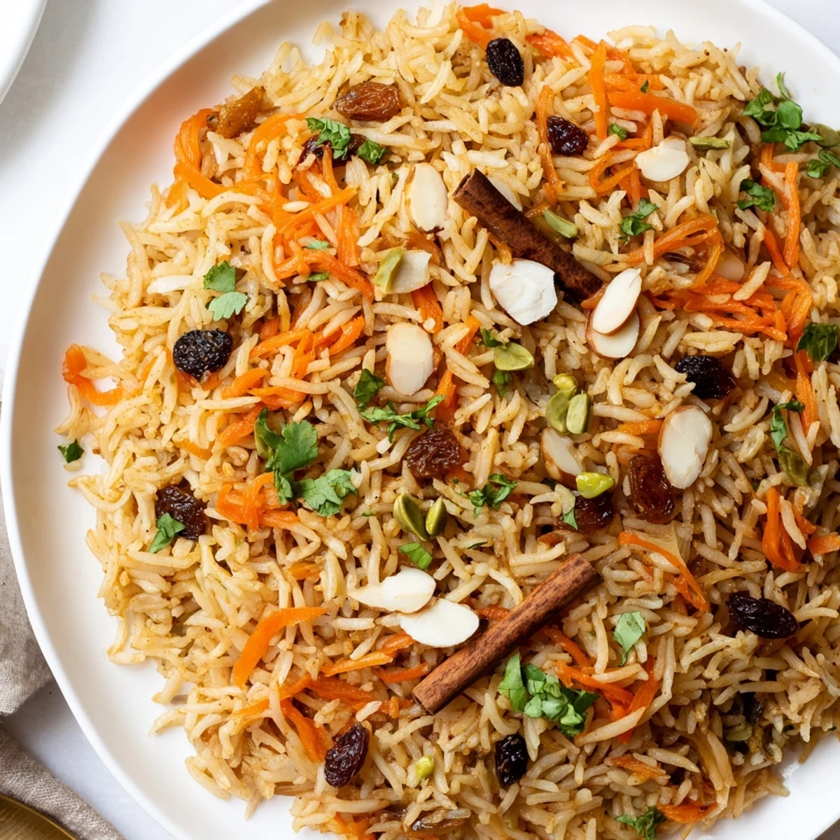 Golden Afghan rice crowned with caramelized carrots, plump raisins, and fresh herbs