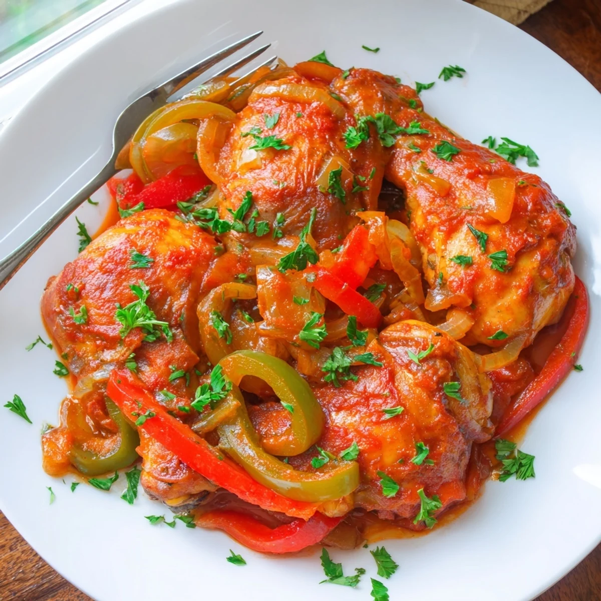 Senegalese Chicken simmered in rich tomato sauce with colorful bell peppers and tender onions