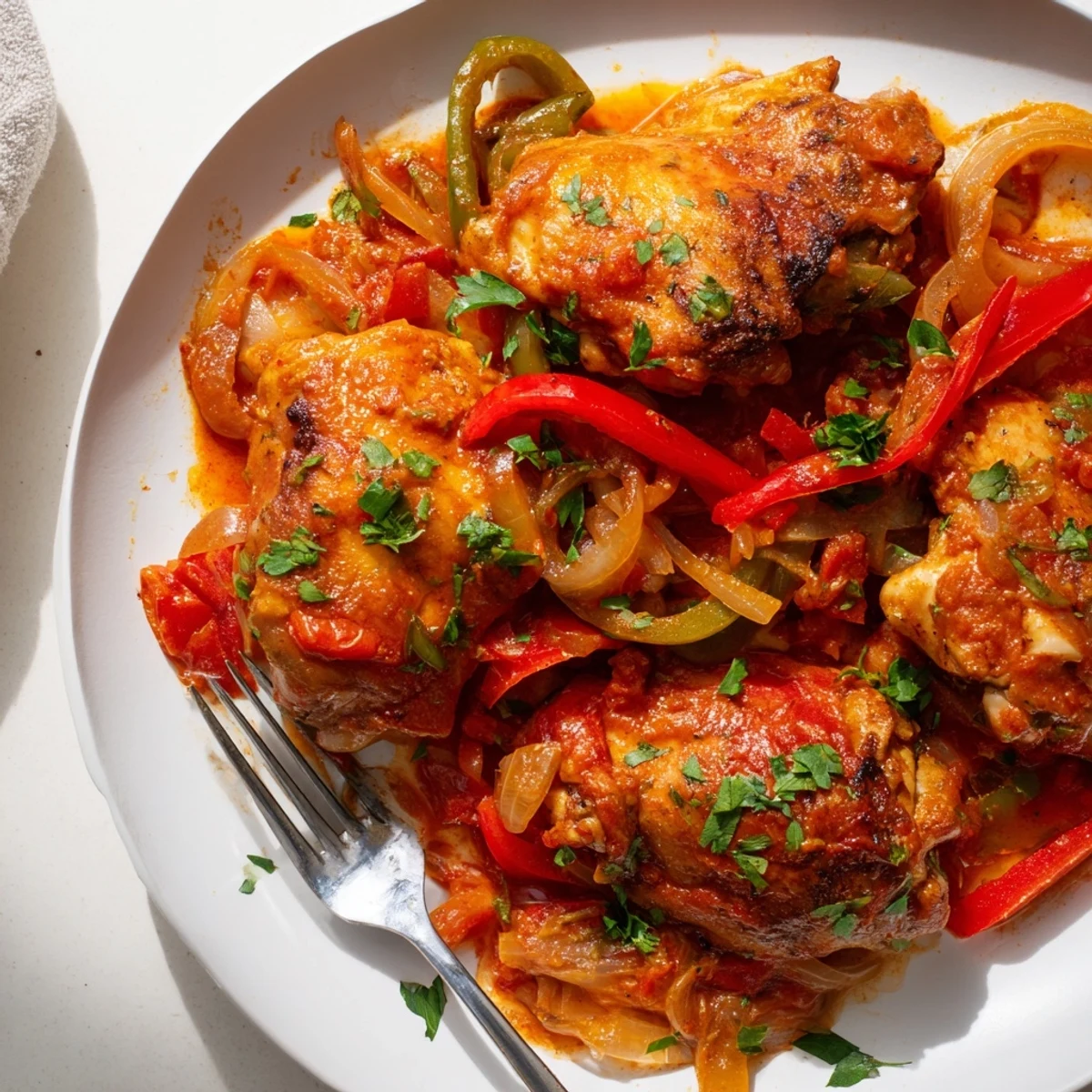 Golden brown Senegalese Chicken pieces nestled in thick, aromatic spiced tomato gravy