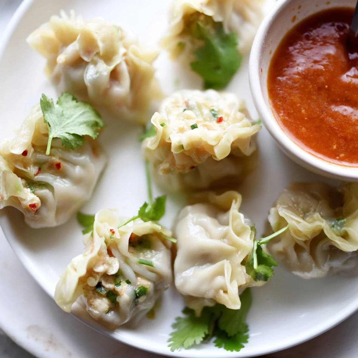 Steaming hot Nepali momo dumplings arranged on a bamboo steamer with spicy tomato dipping sauce