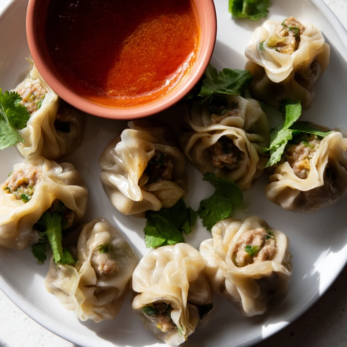 Golden Nepali momo dumplings pleated by hand and served with rich sesame tomato chutney
