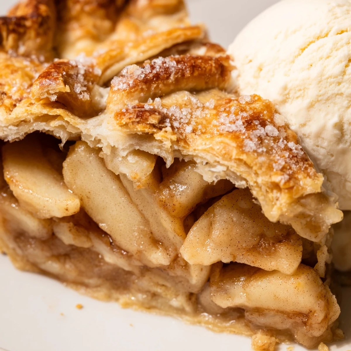 Warm slice of homemade apple pie served with melting vanilla ice cream